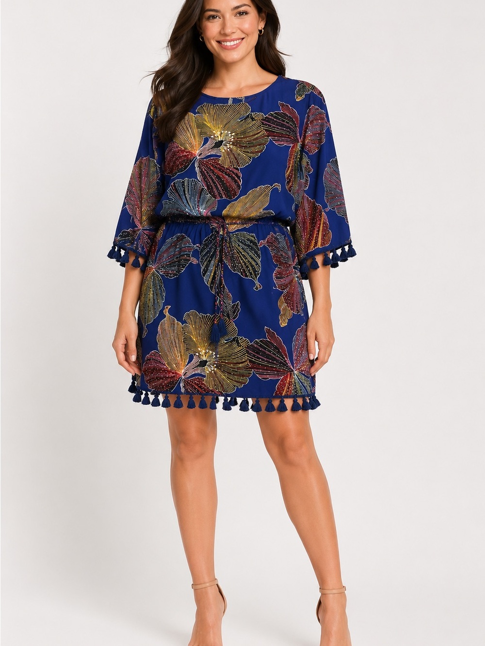 Trina Turk Midi Dress Size 4 Blue Floral Multicolor w/ Tie Waist Tassels